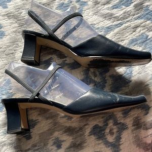 Blue 8.5 M slip on closed toe shoe/low heel 2.5”.  Worn 3x